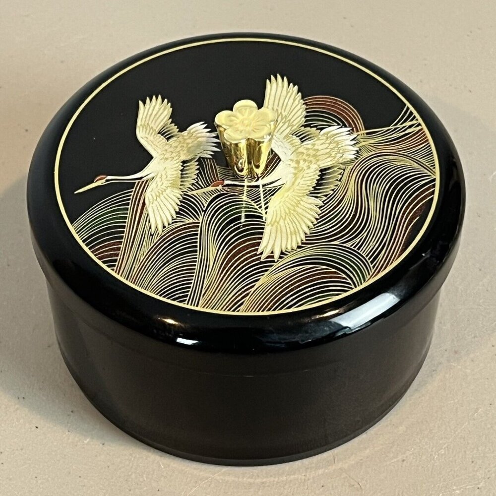 Vintage Japanese Round Trinket Powder Box Black Heron Birds